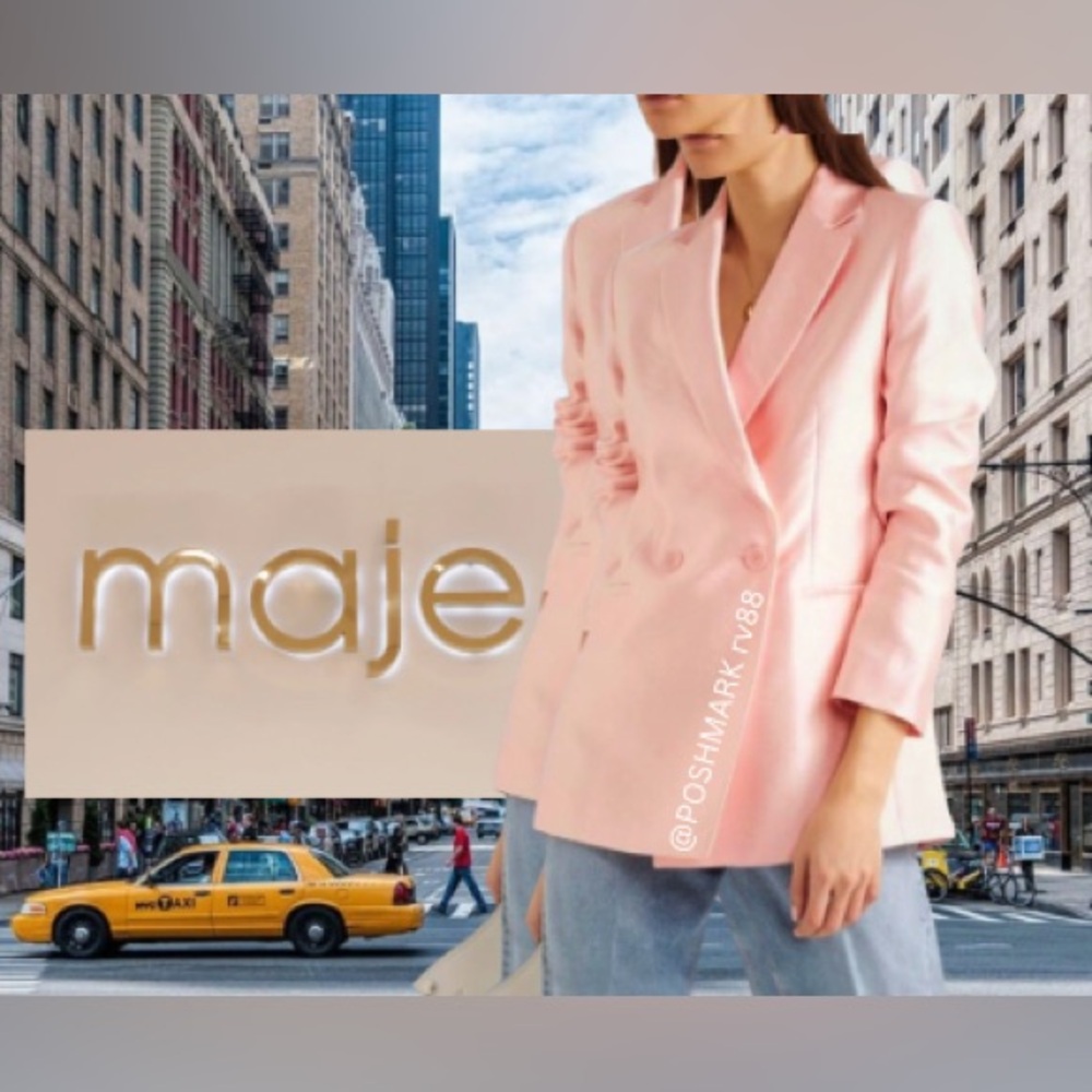 MAJE Vasila Double-breasted Satin Blazer in Pink Size 36